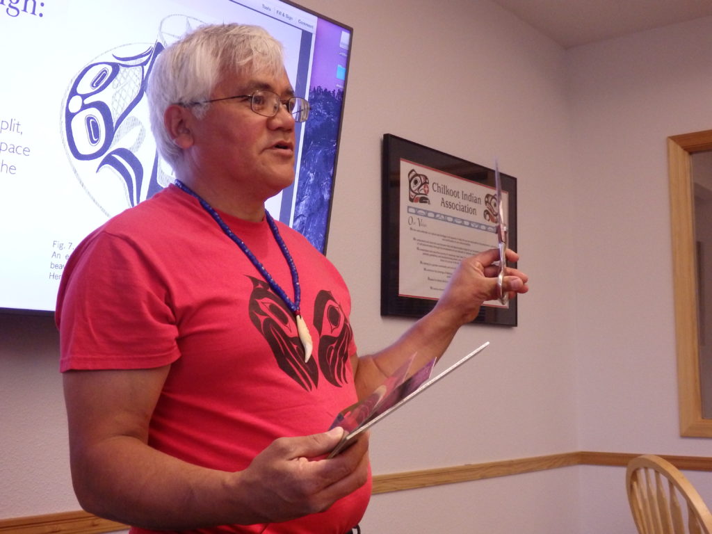 Tlingit artist Wayne Price teaches a formline design class sponsored by SHI in Haines. (Photo by Emily Files/KHNS)