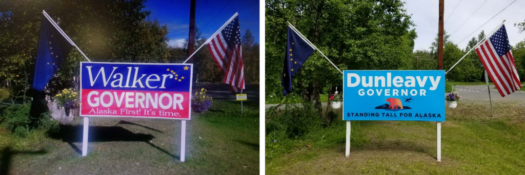 These two photos appear in a lawsuit challenging the state law prohibiting advertising near state highways. Palmer resident Eric Siebels displayed the sign on the left in 2014. He kept the frame in place and displayed the sign on the right this year. The lawsuit says he's concerned the Department of Transportation will remove the Dunleavy sign. (Photos courtesy of Eric Siebels)