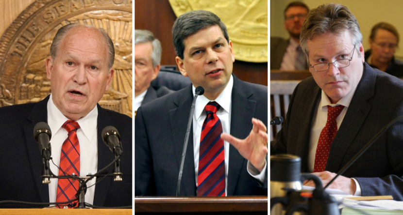 Gov. Bill Walker, left, former U.S. Sen. Mark Begich, center, and former state Sen. Mike Dunleavy, right, are running for governor. Supporters of Walker and Begich expressed concern about the three-way race. (Walker photo by Jeremy Hsieh/KTOO, Begich and Dunleavy photos by Skip Gray/360 North)