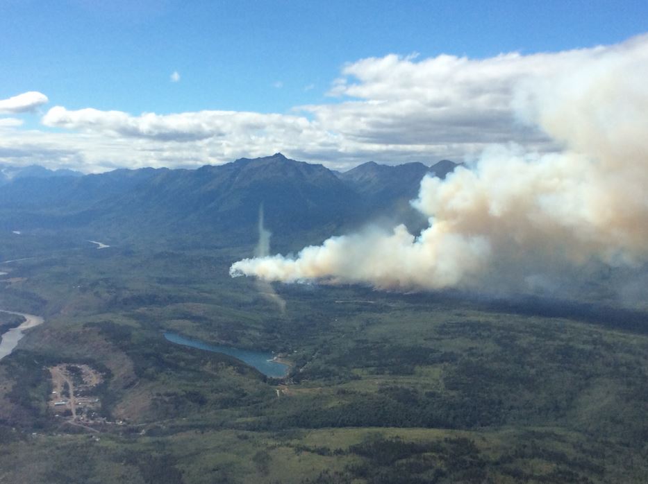 Fire burns near the Stikine River and Sawmill Lake near the community of Telegraph Creek. (Photo courtesy British Columbia Wildfire Service)