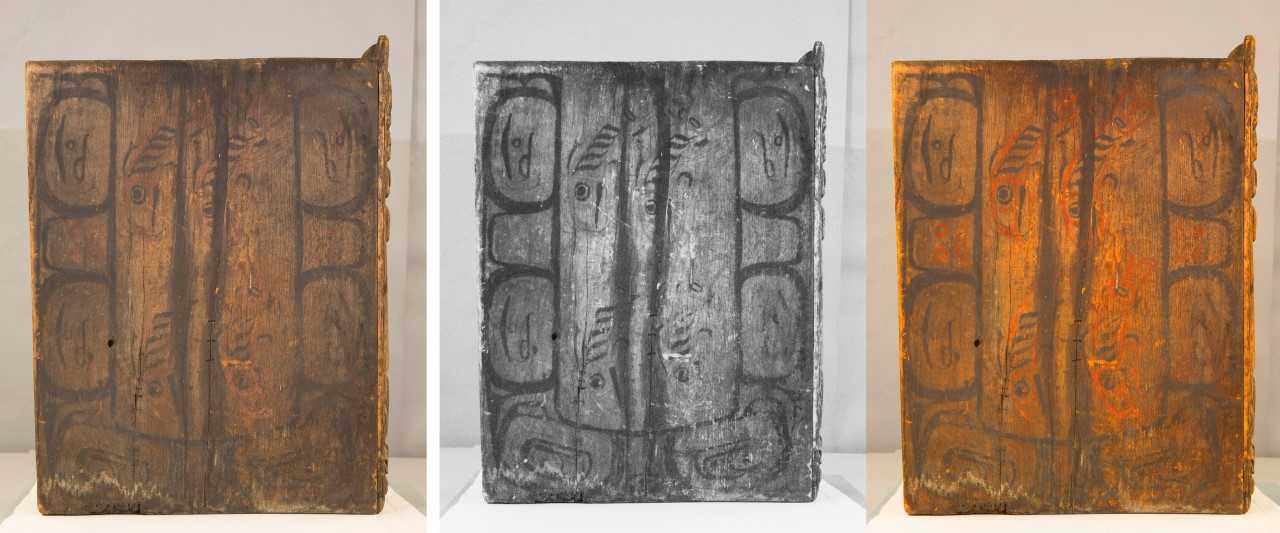 In this composite photo one side of the bentwood box drum shows salmon. The middle image is the infrared scan and photographer Brian Wallace created the third image to highlight the red paint. (Photo courtesy Sealaska Heritage Institute)