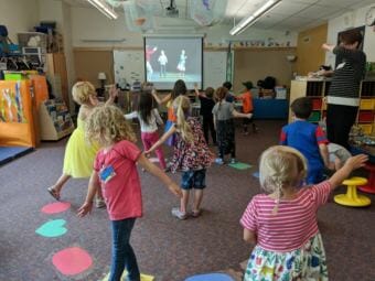 Children practice the "brain dance" at Kindergarten Boot Camp at Harborview Elementary School in summer 2018.