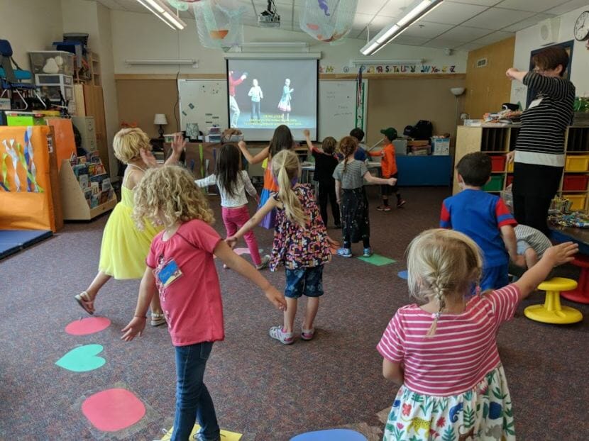 Children practice the "Brain Dance" at Kindergarten Boot Camp at Harborview Elementary School this summer. 