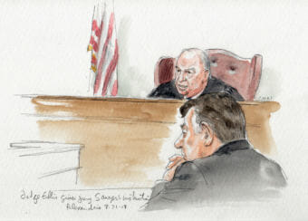 Judge T.S. Ellis III gives jury instructions in front of tax fraud defendant Paul Manafort on Tuesday. (Court rooms sketch by Art Lien)