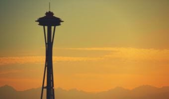 Seattle's Space Needle at sunset on April 22, 2012.