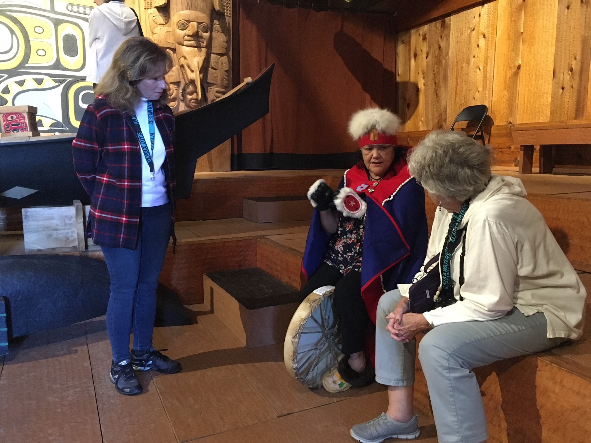 Virginia Oliver performs Tlingit dances and stories for tourists in Wrangell at Chief Shakes’ Tribal House. (Photo by June Leffler/ KSTK)