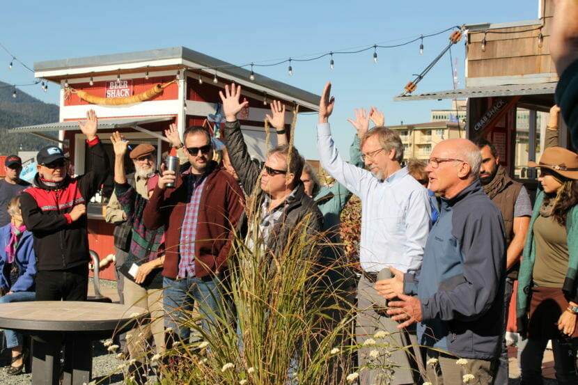 Bob Janes, far right, asks community members in favor of the Alaska Ocean Center to raise their hands at an informational meeting with Alaska Mental Health Trust on Sept. 18, 2018. (Photo by Adelyn Baxter/KTOO)