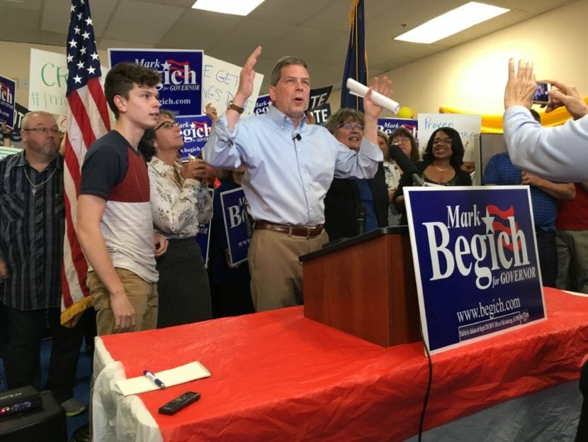 Former U.S. Sen. Mark Begich announces that he's staying in the race for governor. (Photo by Liz Ruskin/Alaska Public Media)