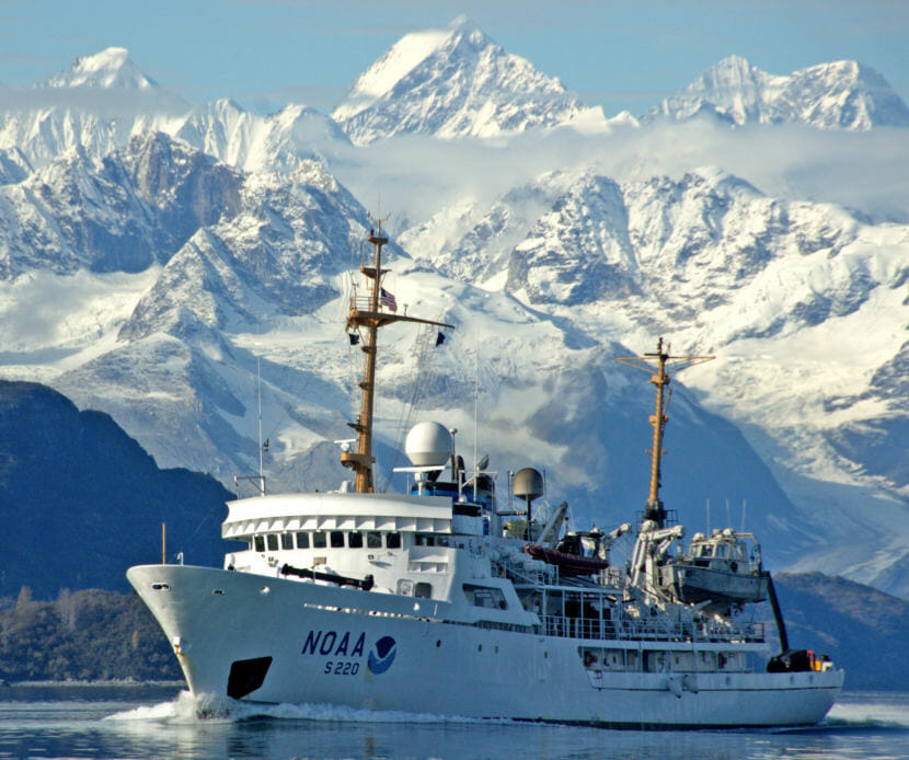 The NOAA Ship Fairweather regularly conducts reconnaissance missions to help NOAA prioritize its efforts to update navigational charts in the Arctic. NOAA and other private companies in Alaska are participating in the global Seabed 2030 project which aims to map the seafloor. (Photo courtesy the National Ocean Service Image Gallery) https://www.flickr.com/photos/usoceangov/7803477456/in/photolist-cTyRYL-dSzo81-9gvyF5-gK9nND-8gTFVg-dT2Uwd-24B92ZZ-9VZEiY-93TcNa-4TZqjH-9vdBZs-6FWaeB-6WDHCG-dSzo4Y-NbUXUL-izyYK-QHSi8v-Y92MdT-CEojeU-2aLw7K4-8m7weN-dmv7jx-pQ8J58-dDef5-5qa63z-5qa6o8-ej6e3o-j5mot-9VKrc-NG42m-5qepKU-6VqRoS-7jDyqT-e7WisY-2eyWvh-6uTW8w-pVAfbF-b4hy2D-JFc2Aj-HMZ74e-bVfiVg-pabJ8Y-6FwXMt-9MmG4G-oy5hnw-G1ThSB-oFG6Xy-21xh4P1-5bJGx-6FCwU8