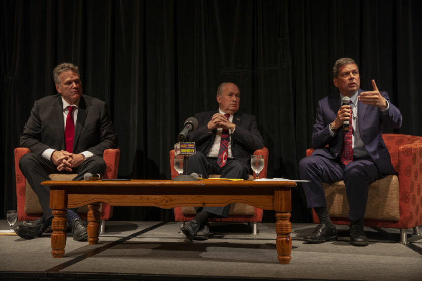 Gubernatorial candidates Mike Dunleavy, Bill Walker, and Mark Begich introduce themselves at a Juneau Chamber of Commerce forum on Thursday, September 6, 2018, in Juneau, Alaska. (Photo by Rashah McChesney/Alaska's Energy Desk)