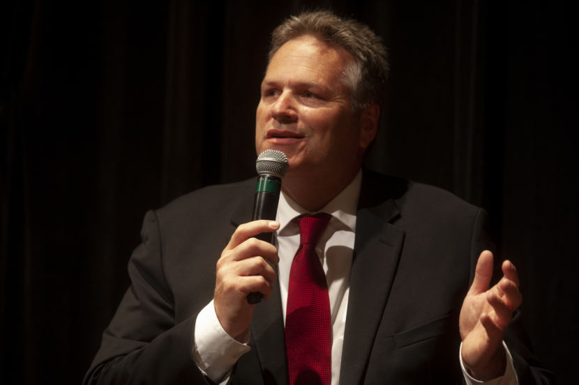 Former state senator and gubernatorial candidate Mike Dunleavy talks to the audience during a Juneau Chamber of Commerce forum on Thursday, September 6, 2018, in Juneau, Alaska. (Photo by Rashah McChesney/Alaska's Energy Desk)