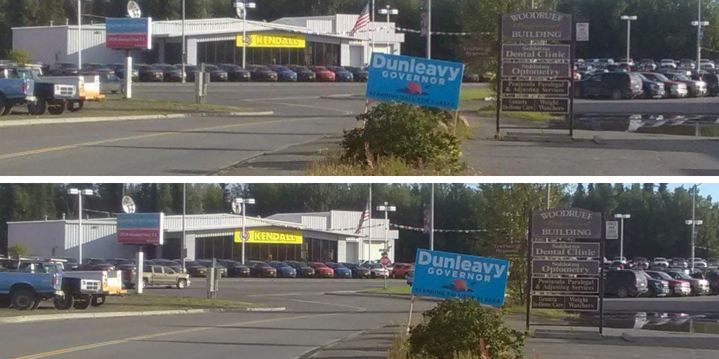 These two photos shows how a Dunleavy for Alaska sign blocks a stop sign, seen in the photo below. (Photo courtesy of the Alaska Department of Transportation and Public Facilities)