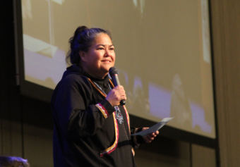 First Alaskans Institute CEO Liz Medicine Crow speaks at the close of the Elders and Youth conference in Anchorage on Wednesday, Oct. 17, 2018.