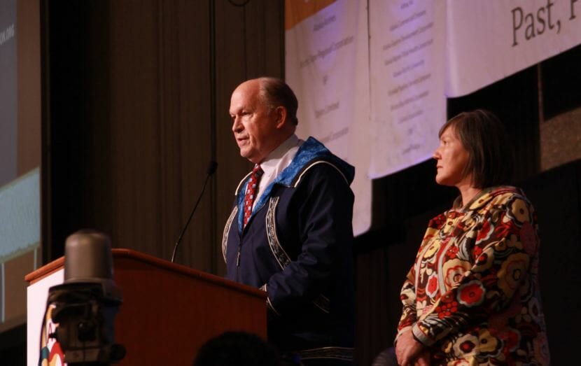 Alaska Gov. Bill Walker announces Friday that he is suspending his re-election campaign at the Alaska Federation of Natives convention in Anchorage. With Lt. Gov. Valerie Davidson next to him, Walker endorsed Mark Begich.