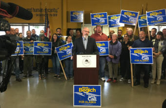 Alaska AFL-CIO President Vince Betrami talks about unions' endorsement of Mark Begich at the federation's Anchorage office on Monday, Oct. 22, 2018.