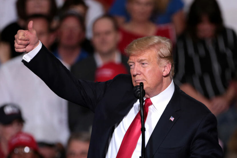 President Donald Trump speaks with supporters at a Make America Great Again campaign rally on Oct. 19, 2018, in a hangar at the Phoenix-Mesa Gateway Airport in Mesa, Arizona.