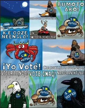 Pat Race's designs for early voting stickers feature Alaska animals and say "I voted" in English, Spanish, Tagalog and several Alaskan Native languages.