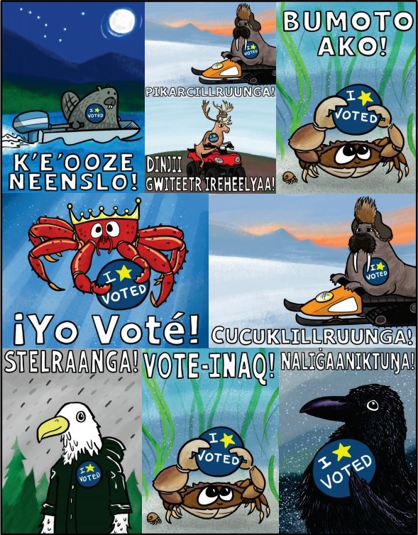 Pat Race's designs for early voting stickers features Alaskan animals and say "I voted" in English, Spanish, Tagalog and several Alaskan Native languages. (Photo courtesy of Alaska Division of Elections)