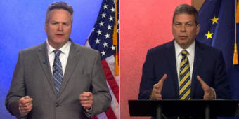 Republican Mike Dunleavy, left, and Democrat Mark Begich participate in a debate Thursday, Oct. 25, 2018, hosted by Alaska Public Media and KTUU Channel 2.