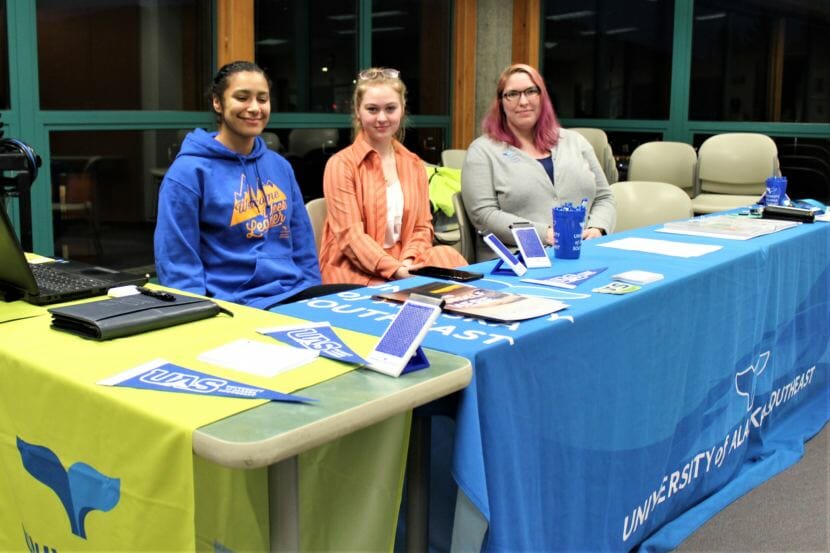 Su Reyes, Shirlie White and Jennifer Sweitzer hosting an advising session for prospective students at UAS on Oct. 24, 2018. (Photo by Adelyn Baxter/KTOO)