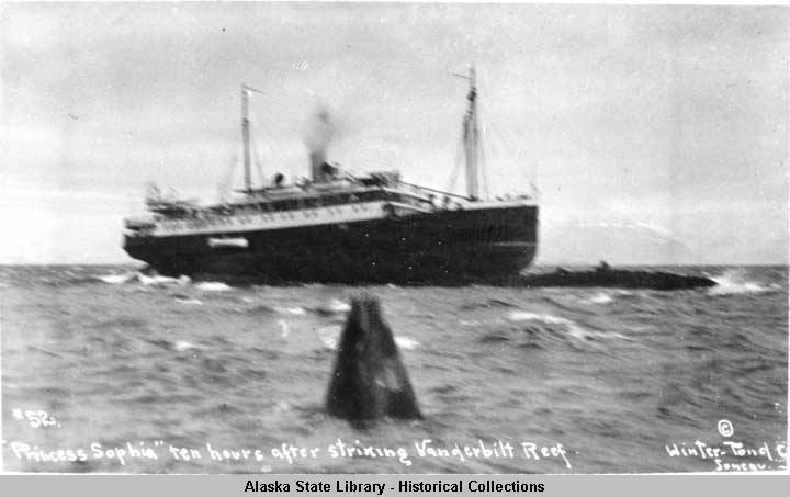 This archival photograph from 1918 shows the Princess Sophia ten hours after striking the Vanderbilt Reef. (Photo courtesy of Alaska State Library)