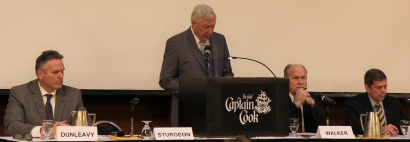 Republican former state Sen. Mike Dunleavy, moderator John Sturgeon, independent Gov. Bill Walker, and Democratic former U.S. Sen. Mark Begich attend the debate on resource development at the Hotel Captain Cook in Anchorage, Oct. 18, 2018. (Photo by Elizabeth Harball/Alaska's Energy Desk)