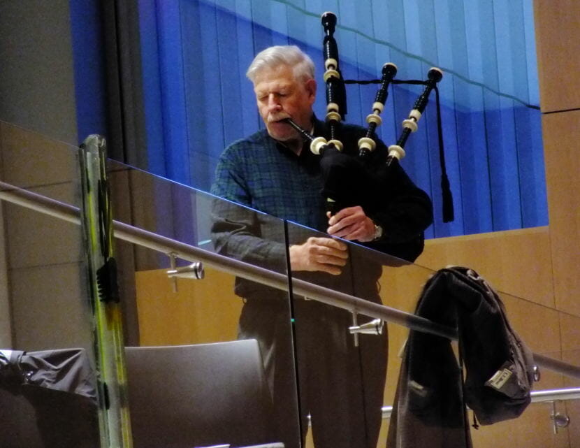 Bagpiper Rai Behnart performs at Father Andrew P. Kashevaroff State Library, Archives and Museum.