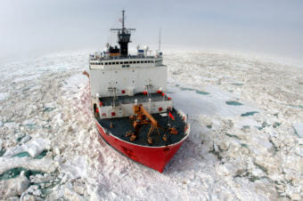 The U.S. Coast Guard Cutter Healy, a 420 ft. icebreaker homeported in Seattle, Wash., breaks ice in support of scientific research in the Arctic Ocean.