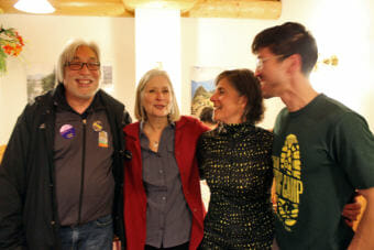 Andi Story and a group of supporters celebrate at Four Plates Cocina Peruana on Election Night Tuesday, November 6, 2018, in Juneau, Alaska. (Photo by Adelyn Baxter/KTOO)