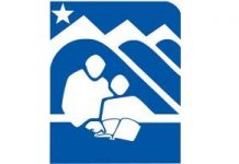 The Anchorage School District logo depicts in blue and white an adult helping a student read a book in front of three mountains with a star overhead.