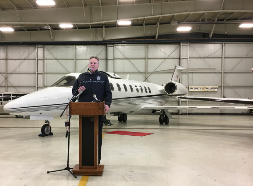 Gov.-elect Mike Dunleavy announces his transition policy council at the Security Aviation hangar in Anchorage. Nov. 9, 2018. (Photo by Andrew Kitchenman/KTOO and Alaska Public Media)