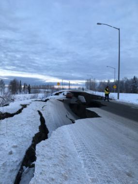 The Minnesota Dr. airport off-ramp buckled by an earthquake in Anchorage, Alaska, on Nov. 30, 2018. (Photo by Nat Herz/Alaska's Energy Desk)