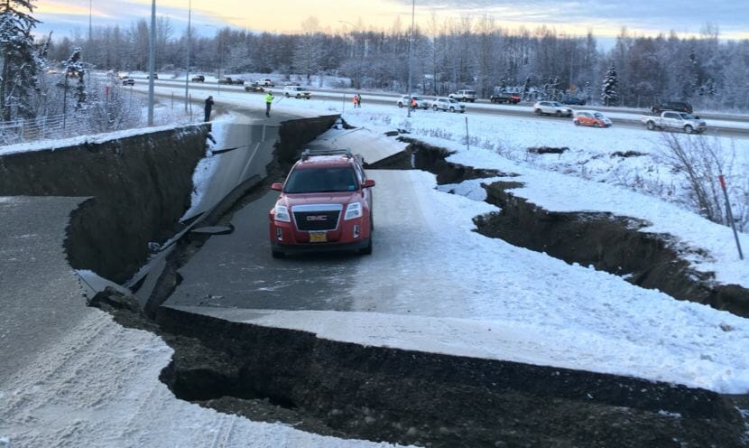 The Minnesota Dr. airport off-ramp buckled by an earthquake in Anchorage, Alaska, on Nov. 30, 2018. (Photo by Nat Herz/Alaska's Energy Desk)