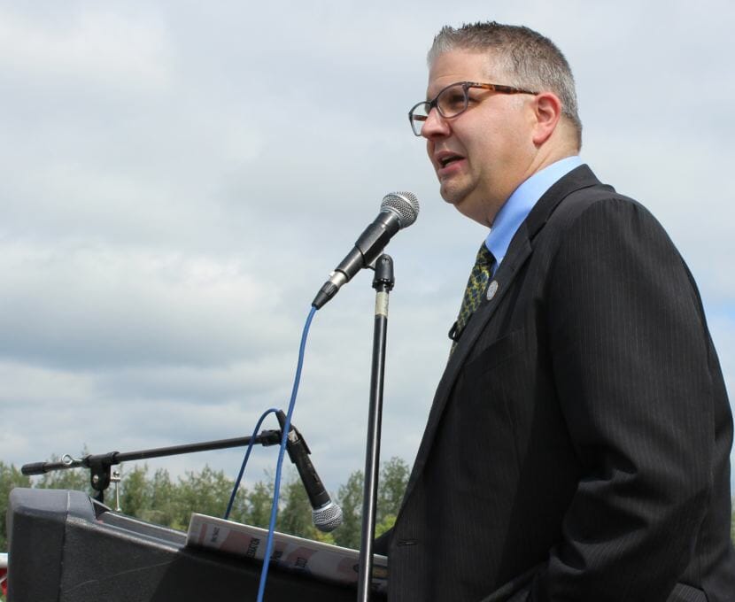 Fairbanks Mayor Jim Matherly recalls the history of Pioneer Park, once known as Alaskaland, as he speaks from the deck of the historical S.S. Nenana sternwheeler steamboat at the annual Independence Day Celebration at Pioneer Park in Fairbanks on July 4, 2017.