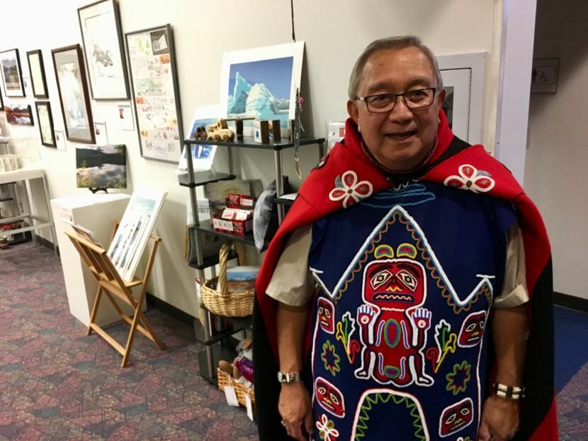 Jim Thomas in his Tlingit regalia at the Voices of Our Ancestors language summit in Nov. 2018. (Photo by Zoe Grueskin/KTOO)