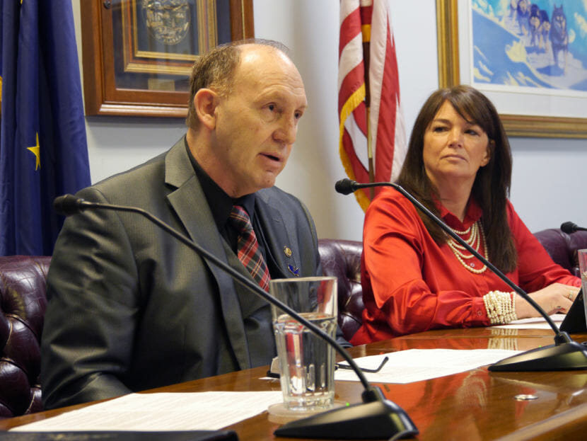 Rep. Gary Knopp, R-Soldotna, speaks during a House Minority press availability, April 6, 2017. (Photo by Skip Gray/360 North)