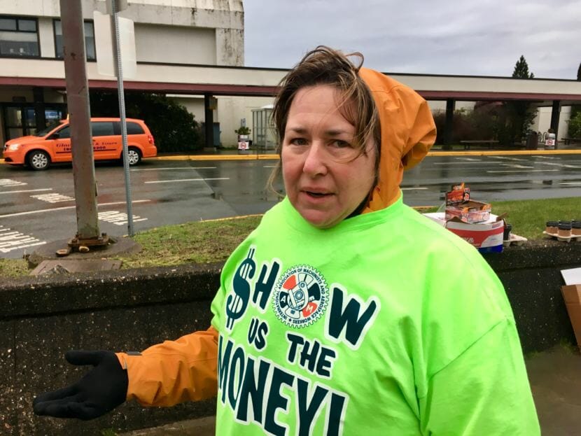 Carolyn Sharp says she's seen "a lot of good, a lot of bad. It's a great company. It just needs to step up a little bit," during a workers' rally at Juneau International Airport on Saturday. Sharp has worked for Alaska Airlines for 31 years.