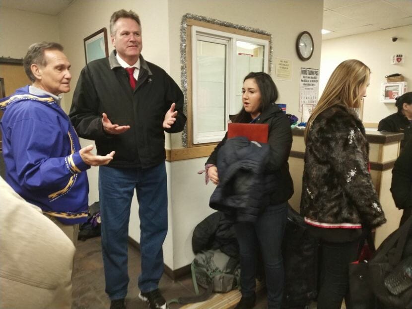 Gov.-elect Mike Dunleavy and Lt. Gov-elect Kevin Meyer meet at the Ralph Wien Memorial Airport in Kotzebue. Dunleavy had planned on being sworn into office in Noorvik, but weather conditions precluded his arrival. The new plan was for Dunleavy to be sworn in at the Kotzebue Middle School instead.