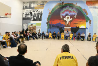 Community members gathered for a conversation at Anvil Mountain Correctional Center.