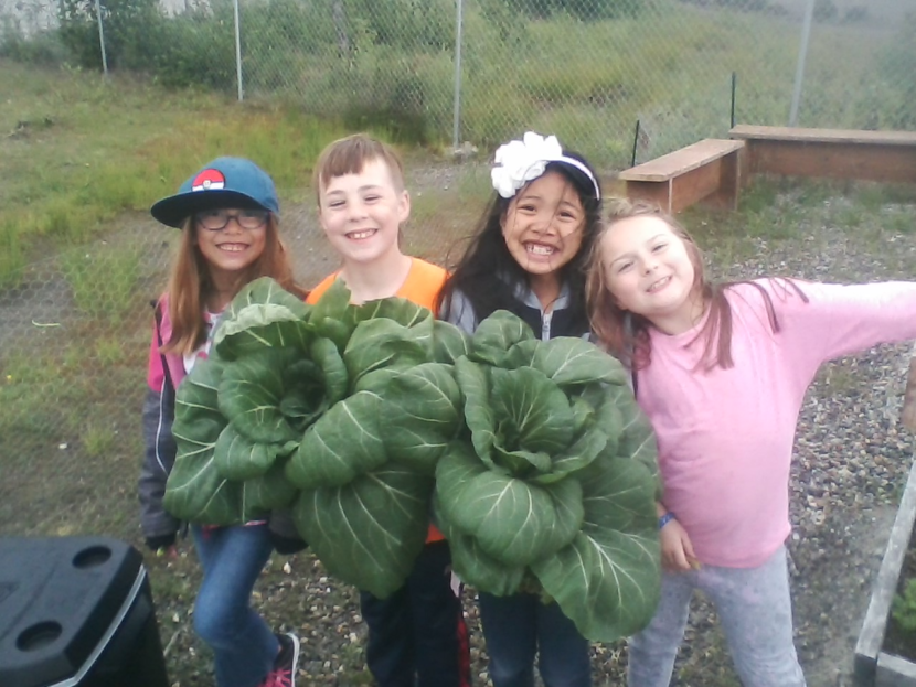 A few of the student-gardeners at Riverbend Elementary School show off the bok choy they grew summer 2018. (Photo courtesy Joel Bos)