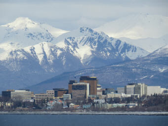 Downtown Anchorage seen from just west of Earthquake Park on the Knik Arm of the Cook Inlet.