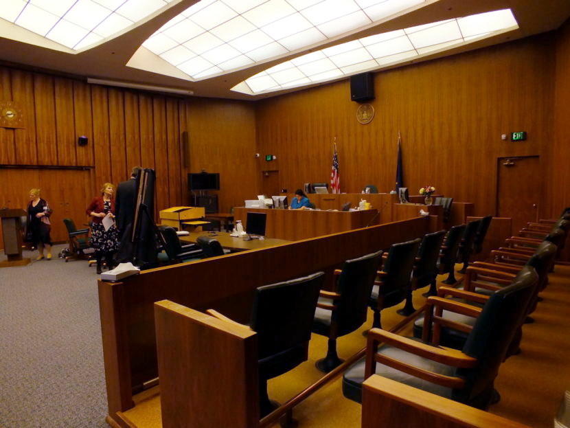 View from near jury box of the courtroom that is part of the Robert Boochever U.S. Courthouse located on the ninth floor of the Hurff Ackerman Saunders Federal Building in Juneau.