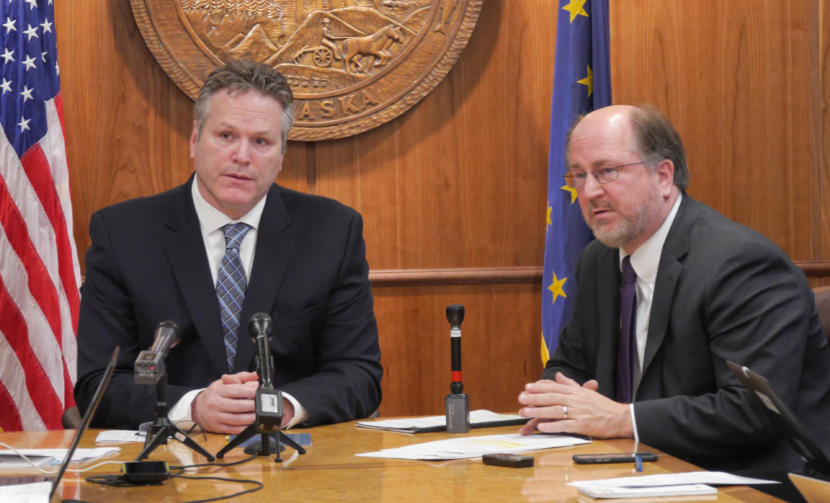 Gov. Mike Dunleavy, left, and Attorney General Kevin Clarkson discuss the governor’s proposed budget- and Alaska Permanent Fund dividend-related constitutional amendments with reporters at a press conference held at the Capitol in Juneau on Jan. 30, 2018.