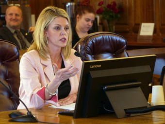 Kara Moriarty, president and CEO of the Alaska Oil and Gas Association, testifies in the House Finance Committee in the Alaska Capitol on April 11, 2018.