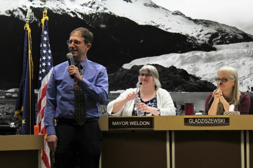 Incoming state Sen. Jesse Kiehl thanks city staff after resigning from the Juneau Assembly on Jan. 14, 2019.