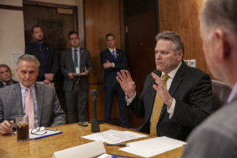 Gov. Mike Dunleavy talks about his goals during a press conference before his third cabinet meeting, on Tuesday, January 8, 2019, in Juneau, Alaska. (Photo by Rashah McChesney/Alaska's Energy Desk)