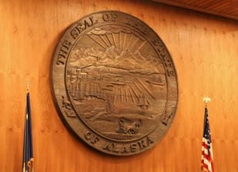This seal of the state of Alaska, pictured here on Jan. 4, 2019, hangs on the wall behind the dais where the Alaska Supreme Court hears cases in the Boney Courthouse in Anchorage.