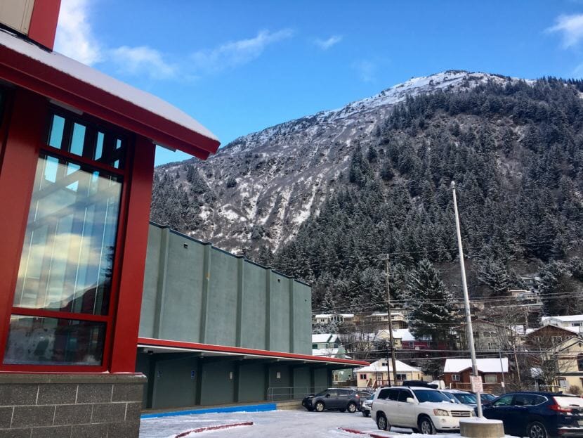 Juneau-Douglas High School: Yadaa.at Kalé sits at the base of the mountain from which it takes its Tlingit name, Jan. 8, 2019. (Photo by Zoe Grueskin/KTOO)