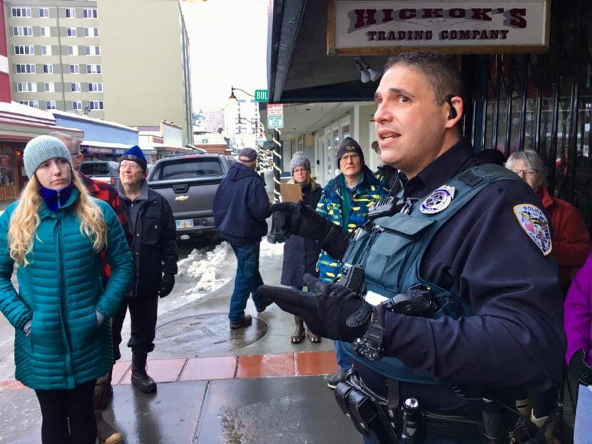 JPD officer Ken Colón shares his perspective on public safety in Juneau's tourist district on a Blueprint Downtown walking tour on Jan. 12, 2019. (Photo by Zoe Grueskin/KTOO)