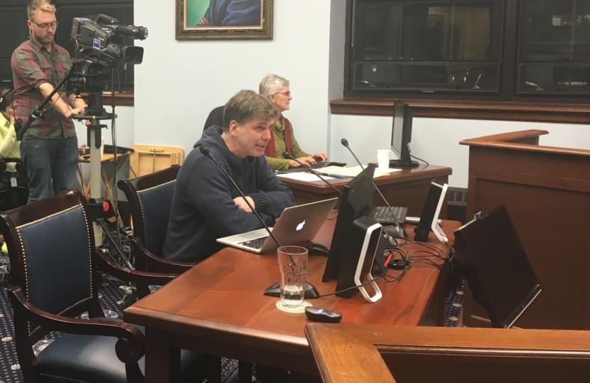 Juneau resident David Noon testifies against Senate Bill 23 and 24. The measures would pay back the amounts cut from PFDs the past three years. Feb. 28, 2019. (Photo by Andrew Kitchenman/KTOO and Alaska Public Media)